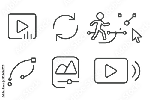 Animation Icon Set. Line style icons of animation: symbol animation control, loop preview icon, rig motion path, point control
