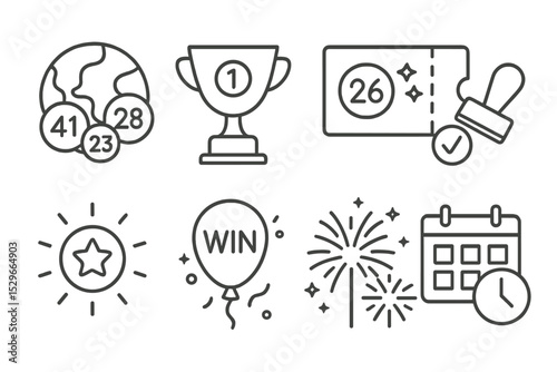 Lottery Icon Set. Line style icons of lottery: multi-country lottery, prize trophy icon, regional ticket variant, ticket approval