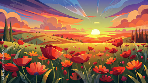 Beautiful sunset over a vibrant poppy field in full bloom, with red flowers gently swaying in the warm evening breeze. Golden sunlight casting soft, glowing light across the landscape