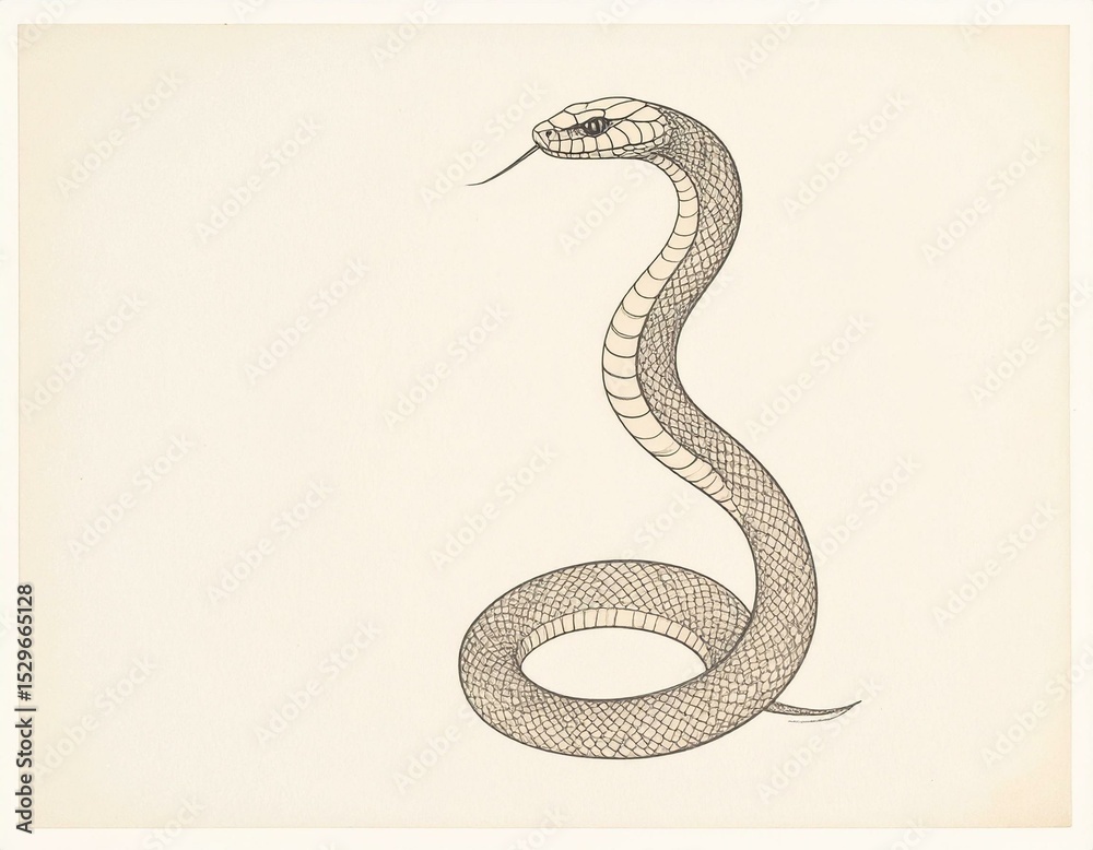 Fototapeta premium Detailed Line Drawing of a Cobra Snake in a Coiled Position Isolated on a Light Beige Background