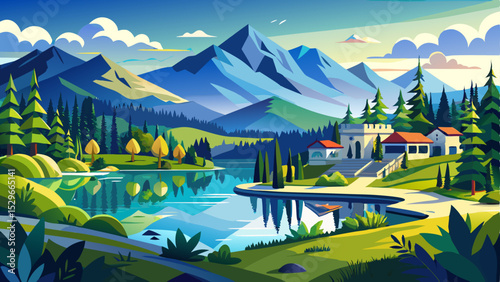 Peaceful landscape of Mill Lake in Abbotsford, BC, Canada, with calm blue waters reflecting the surrounding trees and clear sky. Scenic urban park setting with walking trails, lush greenery