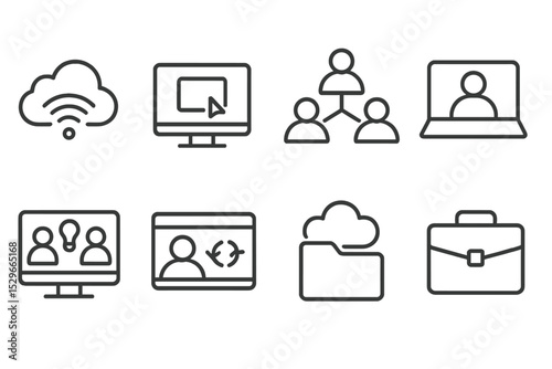 Remote Work Icons. Line style icons of remote work: cloud access point, desktop sharing icon, distributed team icon, laptop focus,
