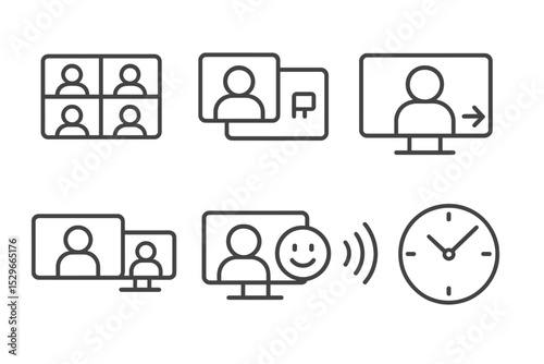 Video Conferencing Icons. Line style icons of video conferencing: group gallery view, pinned video icon, speaker-only mode, share