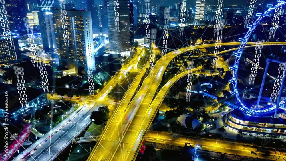 Aerial Night View of City Highway Interchange and Traffic Flow