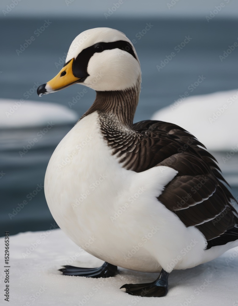 Fototapeta premium Elegant duck standing on ice near water, showcasing its distinctive plumage and vibrant colors, embodying the beauty of wildlife in a serene natural environment