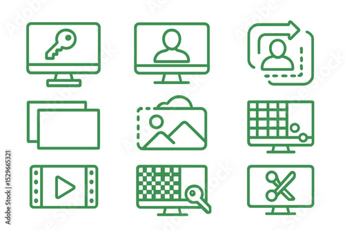 Video Editing Icons. Line style icons of video editing: green screen key, chroma icon, background removal, masking layer, edge