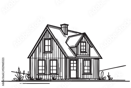 Sketch cottage building. Modern two-storey wooden house