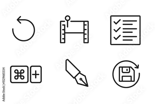 Video Editing Icons. Line style icons of video editing: undo icon, redo button, history timeline, action list, keyboard shortcut,