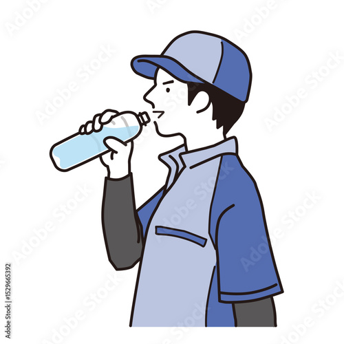 熱中症対策でペットボトルの水を飲む運送業の男性　シンプルなイラスト