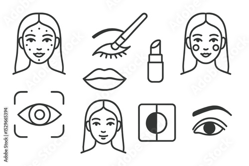 Beauty AR Icons. Line style icons of AR effects: facial makeup, eyeliner brush, lipstick overlay, blush effect, beauty lens,