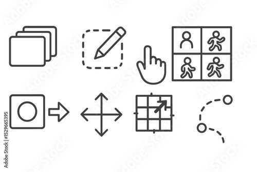Animation Tools Icons. Line style icons of animations: frame stack, animation edit tool, gesture timeline, sprite sheet, behavior