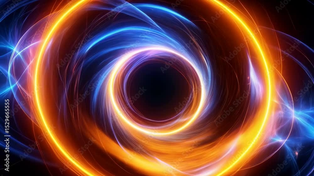 Abstract rendering of a wormhole, energy field flowing through black hole space, colorful digital swirl effect in outer dimension, glowing vortex background