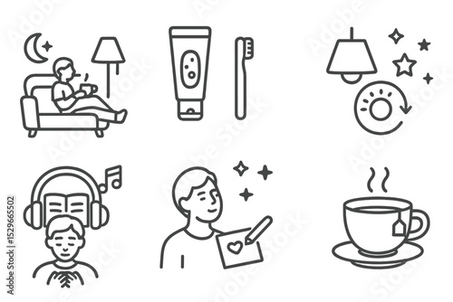 Lifestyle Icon Set. Line style icons of lifestyle themes: evening chill, bedtime prep, light dimmer, audio book, star view, deep