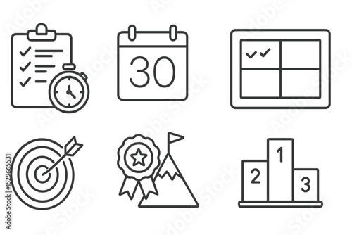 Productivity Tool Icons. Line style icons of productivity tools: productivity challenge, 30-day streak, monthly goals, action