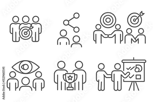 Teamwork Icons. Line style icons of goal setting: team goals, shared icon, group target, collaboration circle, team vision, mutual