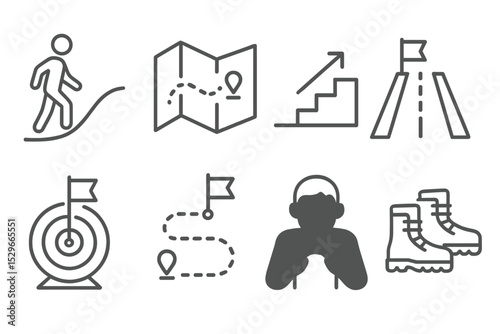 Motivation Icons Set. Line style icons of motivation themes: personal journey, map icon, step by step, long road, goal marker,