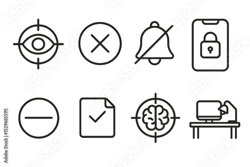Time Management Icons. Line style icons of time management: focus mode, distraction block, silent hours, app lock icon, do not