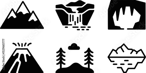 Vector icons of mountains waterfalls caves volcano forest and iceberg nature landscape outdoor adventure 100 editable stock vector illustration