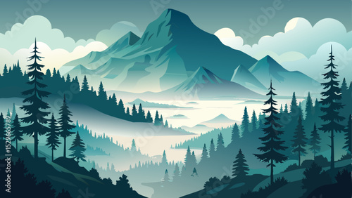 Misty and foggy mountain landscape featuring dense fir forests partially covered in low-hanging fog, creating a mysterious and serene atmosphere