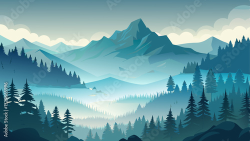 Misty and foggy mountain landscape featuring dense fir forests partially covered in low-hanging fog, creating a mysterious and serene atmosphere