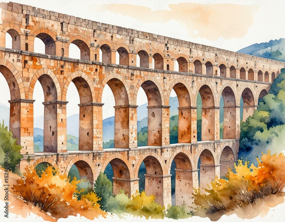 Fototapeta premium Majestic Roman Aqueduct Watercolor Painting Ancient Architecture and Landscape