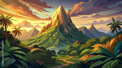 Dramatic landscape of a rocky mountain peak rising above a lush rainforest at sunset, with warm golden light casting soft shadows over the dense green foliage