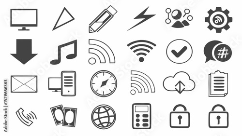 Black vector set of music, web, and business icons for internet media design