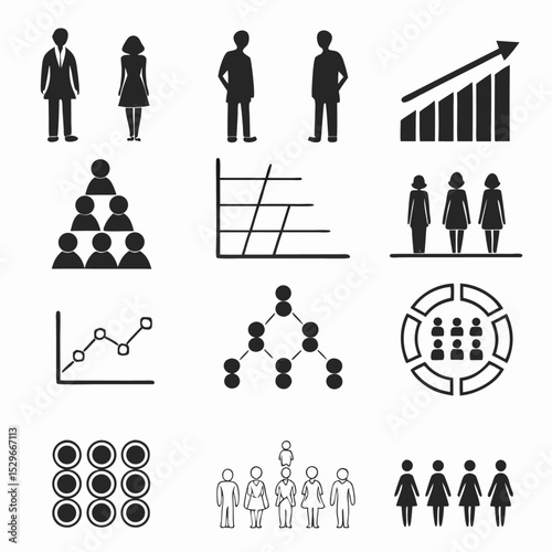 Black vector silhouette icons of business people, a set of pictograms representing office work, team meetings, and management