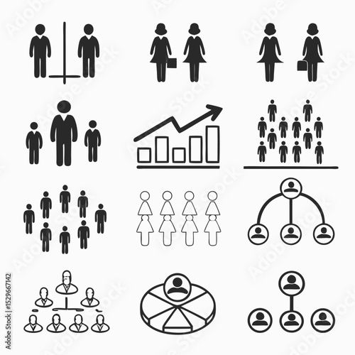 A diverse set of vector silhouette business people icons illustrating concepts of family, men, women, and children