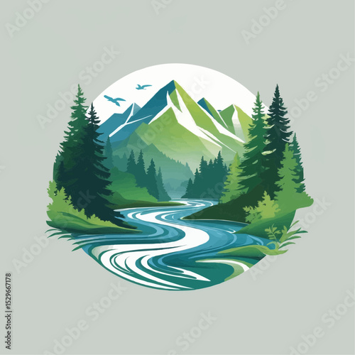 Serene Mountain River Landscape A Breathtaking Nature Illustration