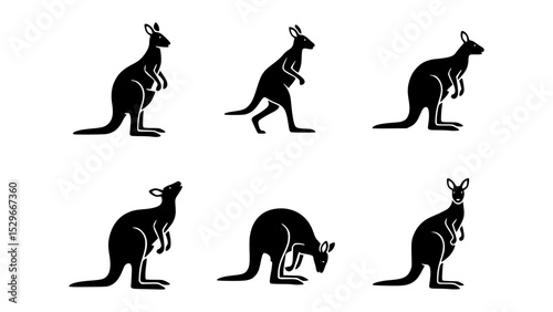 Stylized silhouettes of several kangaroos in various poses