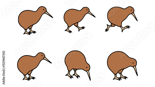 Six kiwi birds in various poses on a clean page