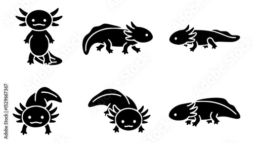 A collection of six stylized axolotl illustrations in black, showcasing their unique features and poses