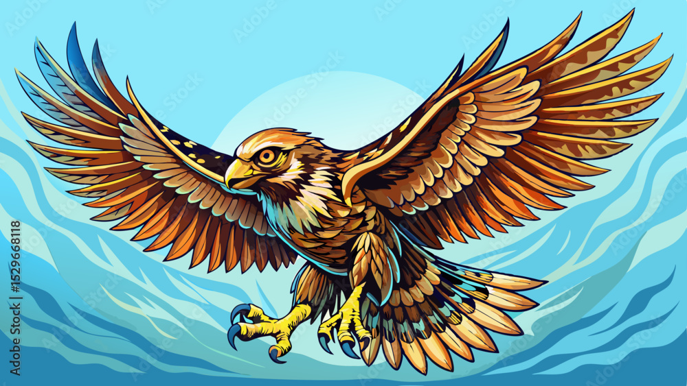 Fototapeta premium Hawk in Flight: A majestic hawk soars through the sky, its wings outstretched in a powerful display of freedom and grace. The intricate patterns of its feathers are visible in stunning detail.Very bea