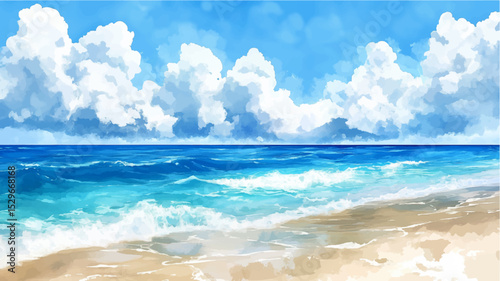 Vector illustration of summer sandy beach, watercolor paints