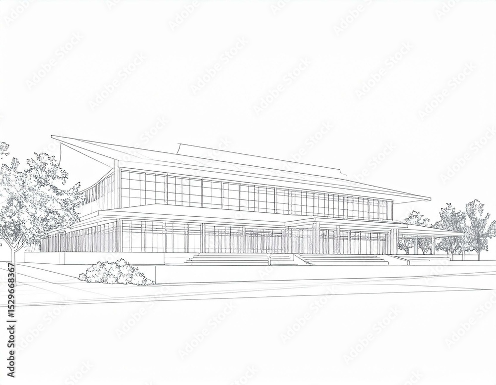 Fototapeta premium Architectural Design Sketch Modern Building Exterior with Landscaping