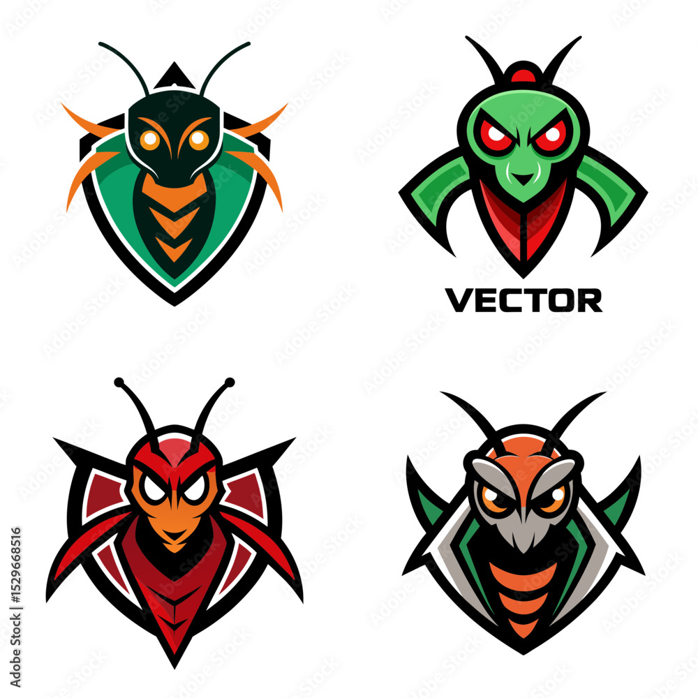 Obraz premium Illustration of four insect logos with different colors and shield backgrounds in vector format art
