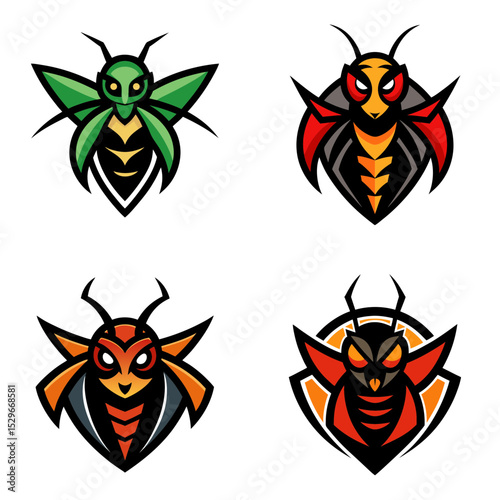 Collection of four stylized bee or wasp logos with varying color schemes and aggressive expressions