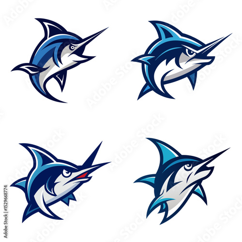 Four stylized blue marlin illustrations with aggressive expressions and sharp bill features shown