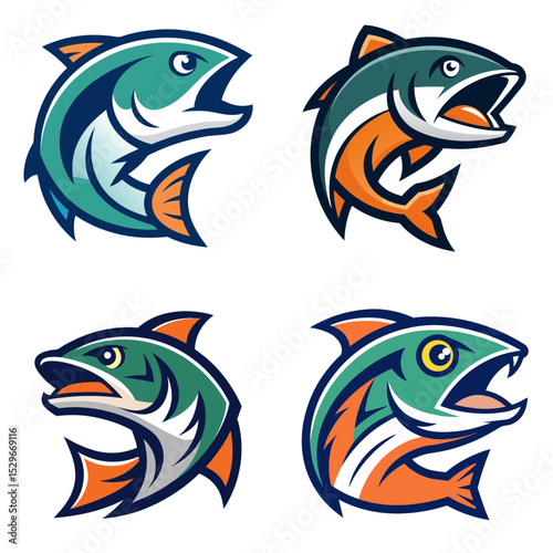 Four stylized fish illustrations in various colors with open mouths and detailed fin designs