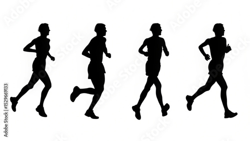 Four silhouettes of runners in motion against a white background showing athletic activity and fitness created with generated ai