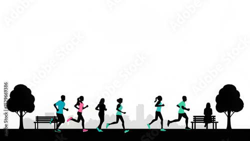 Silhouetted figures jogging in a park with trees and benches against a city skyline backdrop scene created with generated ai
