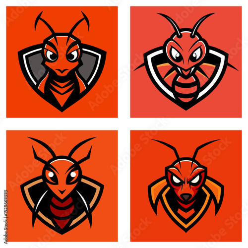 Collection of four ant mascot logo designs with shield emblems and orange backgrounds displayed in a grid