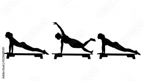 Silhouette of woman performing plank exercises on step platforms in a fitness routine sequence created with generated ai