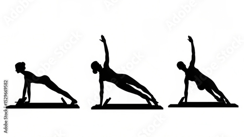 Silhouette of woman performing pilates exercises in various positions on a white background created with generated ai