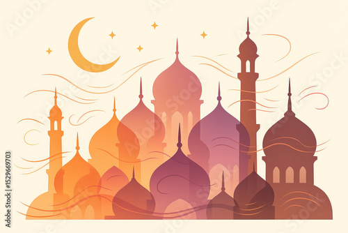 Layered mosque silhouettes in warm gradient colors, with swirling accents and a crescent moon. Stylized and modern Islamic artwork for Ramadan greetings.