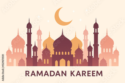 Stylized silhouettes of mosques with a glowing crescent moon and soft stars above. A serene and elegant design for Ramadan greeting visuals and celebration materials.