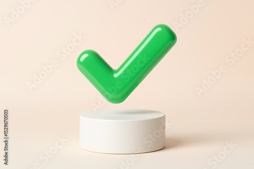 Minimalistic 3D green check mark floating above a round white podium. Clean and modern design symbolizing success, approval, or validation.