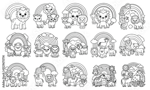 High-quality Rainbow Safari kids coloring page featuring intricate line designs, great for stress relief, mindfulness, printable art therapy, and fun coloring book projects.