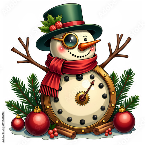 Snowman with clock and Christmas decorations in festive style  